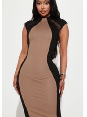 Fashion Nova Taupe and Black Curve-Contour Midi Dress